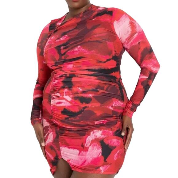 ELOQUII Abstract Ruched Mesh Mini Dress Stretch Knit Cocktail Red Pink Sexy 14 - Picture 2 of 13